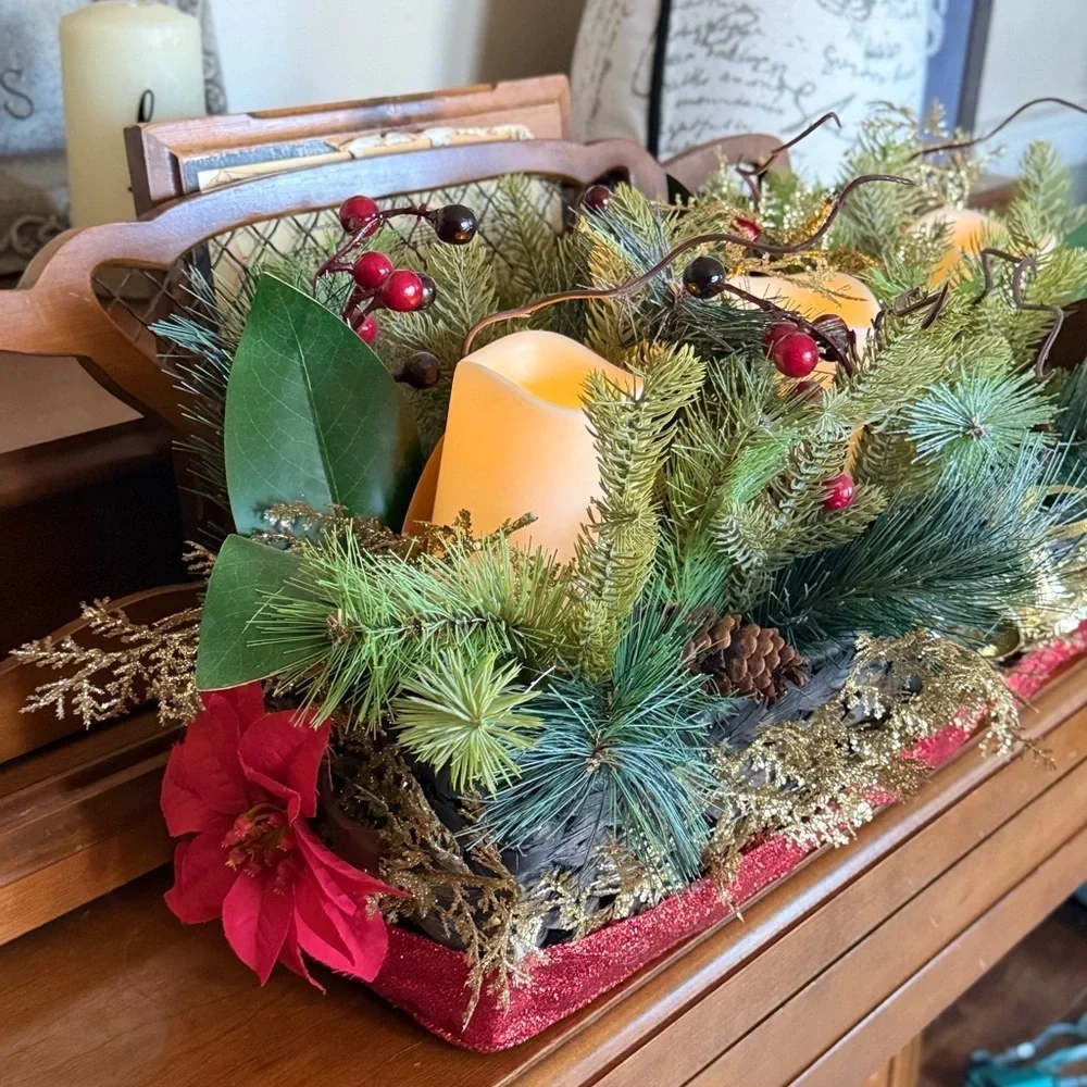 XL 25”  Festive Holiday Candle Gold Centerpiece with Greenery - Home Holiday